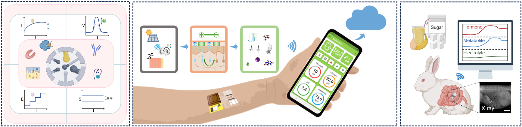 Research overview — Wearable sensors, Battery-free bioelectronics, and Ingestible electronics